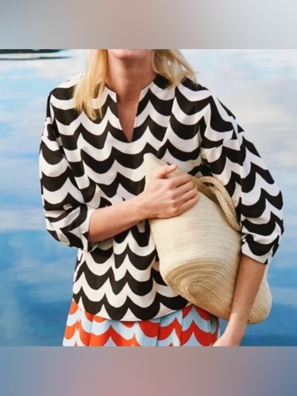 NWT Uniqlo Marimekko Linen Blend 3/4 Sleeve Blouse Shirt Waves Sm